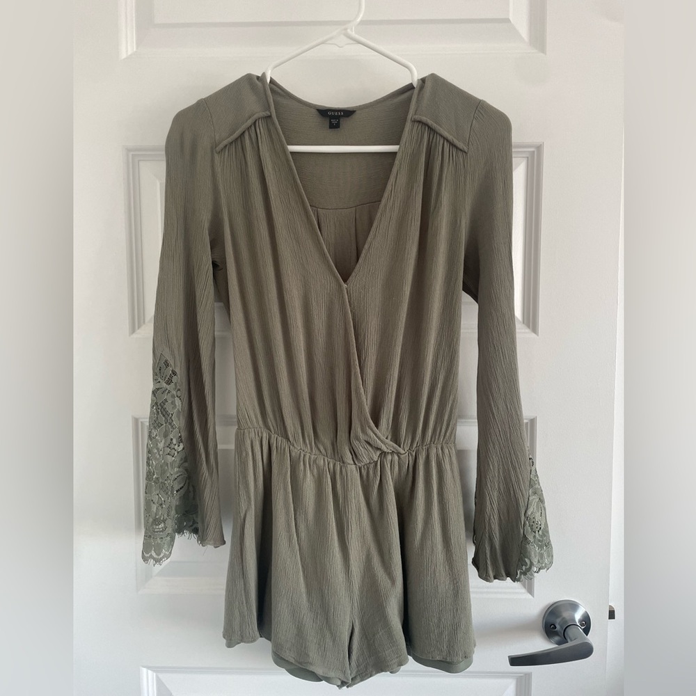 Guess Olive Green Long Sleeve Romper with Lace Details